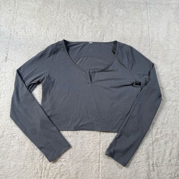 Lululemon Cropped Henley Long Sleeve Heathered Asphalt Grey Crop Top Shirt - Picture 1 of 5